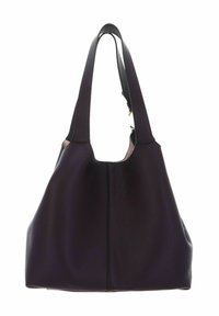 Sac hobo en cuir violet avec une forme spacieuse et douce, des doubles poignées et une texture lisse. Présente un design minimaliste.