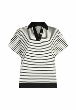 Fehér rövid ujjú ing vékony fekete vízszintes csíkokkal, fekete gallérral, fekete alsó szegéllyel és két díszgombbal a gallér placketjén.