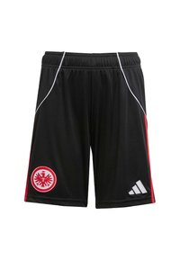 Svarta sportshorts med röda sidovidder, elastisk midja och broderad örnlogotyp i rött och vitt. Har Adidas-branding i silver.