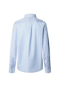 Camisa de botones a rayas en azul claro y blanco. Cuenta con mangas largas, un collar clásico y un dobladillo curvado. Hecha de una tela suave.