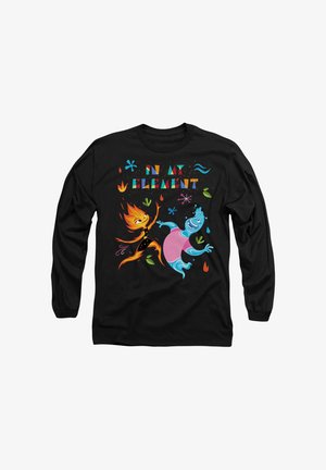 Schwarzes Langarmshirt mit bunten Illustrationen eines Feuercharakters und eines Wassercharakters, umgeben von Blättern und abstrakten Formen, mit dem Text "IN MEINEM ELEMENT."
