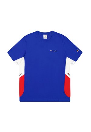 T-shirt in cotone blu con dettagli rossi e bianchi. Presenta maniche corte, collo rotondo e logo del brand sul petto e sulla manica.
