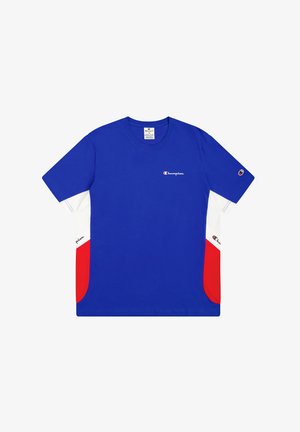 T-shirt in cotone blu con dettagli rossi e bianchi. Presenta maniche corte, collo rotondo e logo del brand sul petto e sulla manica.