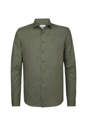 Grünes Langarmshirt aus strukturiertem Stoff. Verfügt über einen klassischen Kragen, eine Knopfleiste und Manschetten mit fünf abgerundeten Knöpfen.