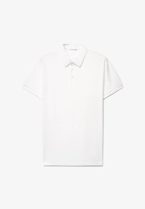 Biała koszulka polo z krótkim rękawem, kołnierzykiem i plisą na trzy guziki, rozmiar XL, prezentowana na jednolitym białym tle.