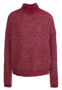 Maglione a maglia bordeaux con collo alto. Presenta un motivo testurizzato, maniche ampie e polsini e orlo a costine. Design accogliente e dal fit morbido.