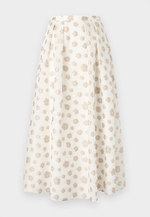 Spódnica midi w kremowo-beżowy wzór kwiatowy, z plisami i teksturowanym materiałem. Projekt zawiera rozproszone małe kwiaty.