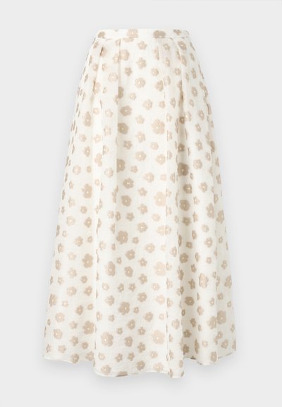 Virágmintás midi szoknya krém és bézs színben, pliszírozott és texturált anyagból. A dizájn kis virágok szórtan elhelyezve.