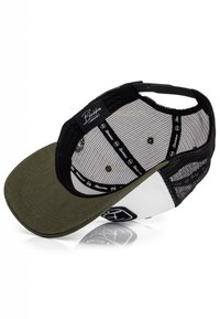 Cap with a green bill, black mesh back, and white front. Features a logo patch and adjustable strap. Smooth texture with visible stitching.