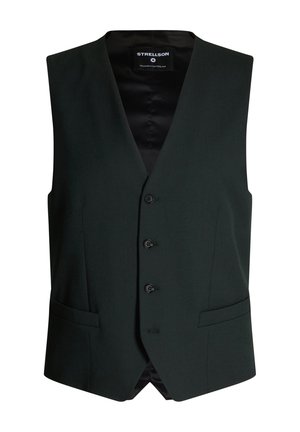Gilet verde scuro realizzato in tessuto morbido, caratterizzato da un scollo a V, cinque bottoni, due tasche laterali e un interno in satin.