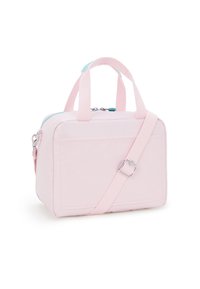 Borsa di stoffa rosa di forma rettangolare, con manici corti, una tracolla rimovibile e un dettaglio di cerniera turchese.
