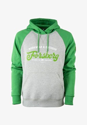 Felpa grigia con maniche raglan verdi, tasca a marsupio e cappuccio con cordino. Presenta una stampa di testo bianco e un piccolo patch con logo sulla manica.