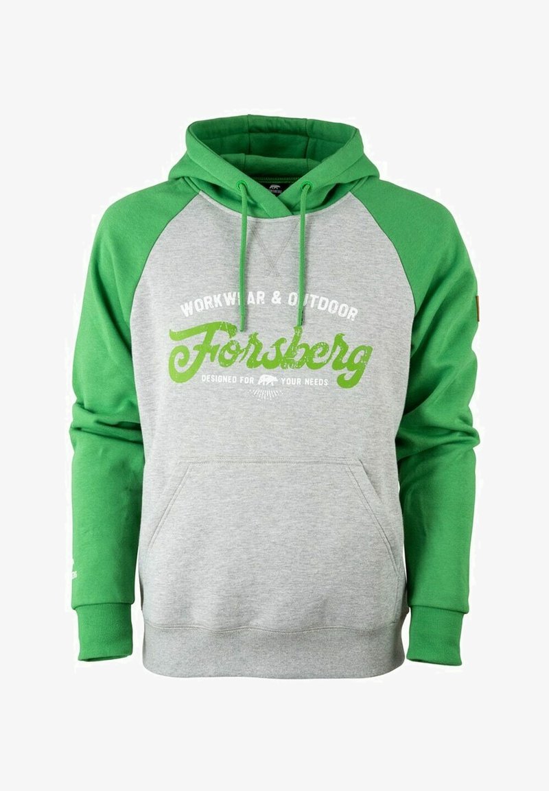 Felpa grigia con maniche raglan verdi, tasca a marsupio e cappuccio con cordino. Presenta una stampa di testo bianco e un piccolo patch con logo sulla manica.