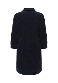 Vestito in corda blu navy con colletto e maniche a tre quarti, caratterizzato da una vita aderente e un fondo leggermente svasato. Vista posteriore mostrata.