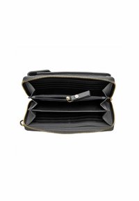 Billetero de cuero negro con cremallera dorada, múltiples espacios para tarjetas, un bolsillo con cremallera y un interior texturizado. Diseño rectangular compacto.