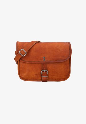 Brown leather messenger bag with a flap, adjustable strap, buckle closure, and stitching details. Smooth texture with a matte finish.