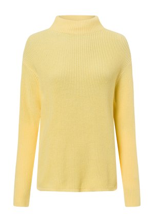 Heller gelber gestrickter Pullover mit hohem, geripptem Kragen, langen Ärmeln und lockerer Passform. Strukturiertes Material mit dehnbarem Effekt.