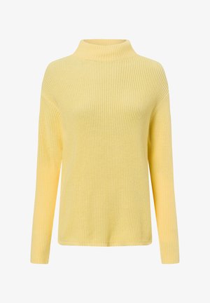 Pull en maille jaune clair avec un col montant côtelé, des manches longues et une coupe décontractée. Tissu texturé avec une légère élasticité.