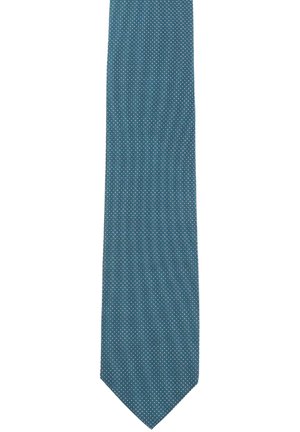 Türkisfarbene Krawatte mit kleinen weißen und farbigen Punkten, schlankes Design, glatte Textur und spitz zulaufendes Ende.
