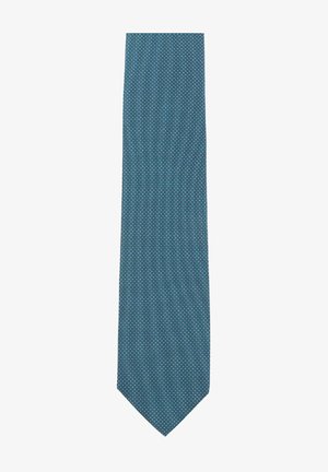 Türkisfarbene Krawatte mit kleinen weißen und farbigen Punkten, schlankes Design, glatte Textur und spitz zulaufendes Ende.
