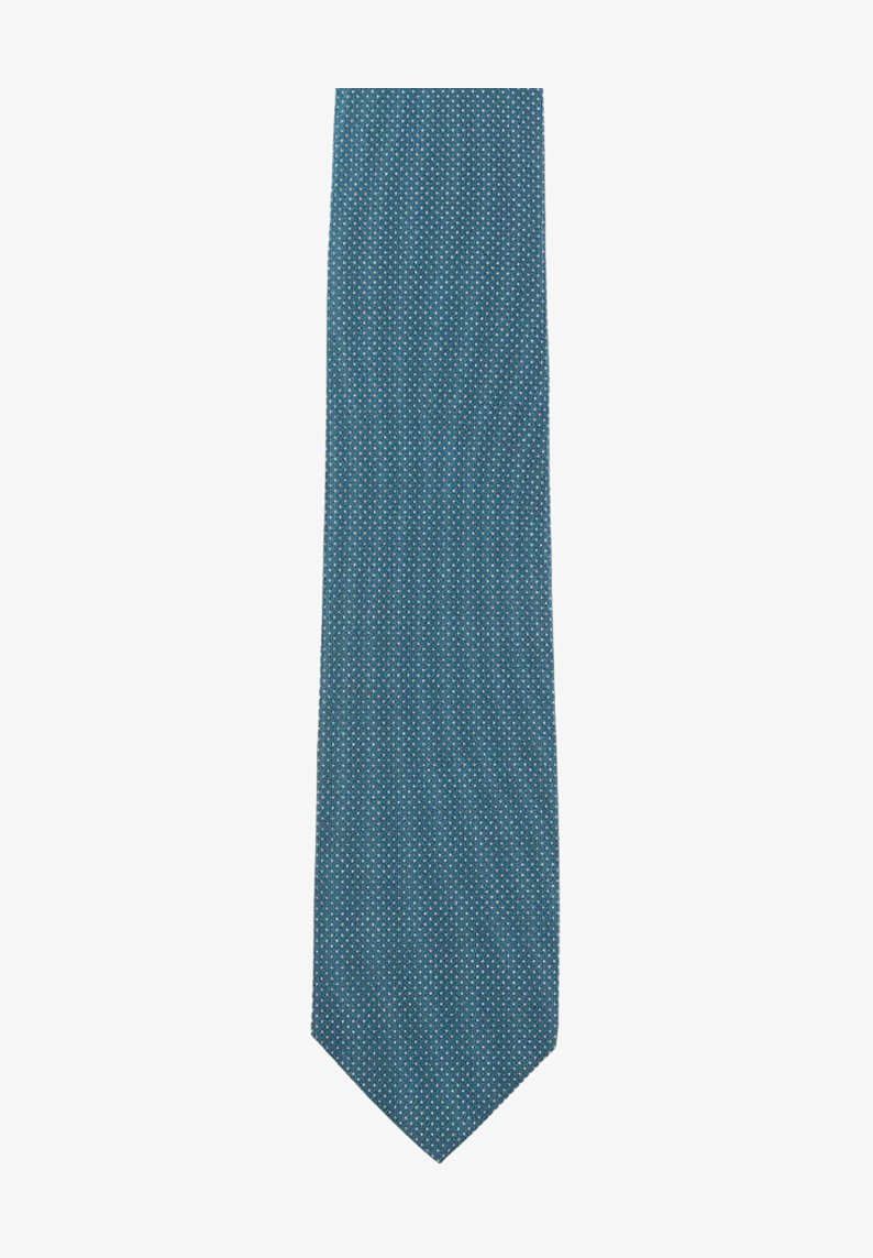 Teal tie with small white and colored polka dots, sleek design, smooth texture, and a pointed end.