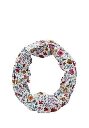 Chouchou circulaire en tissu avec fond blanc décoré de petites fleurs colorées et de feuilles dans des tons rouges, roses, jaunes et bleus.