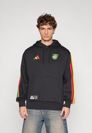 Felpa con cappuccio nera con tasca frontale, strisce multicolori (rosso, giallo, verde) sulle maniche e logo ricamato; tessuto in misto cotone.