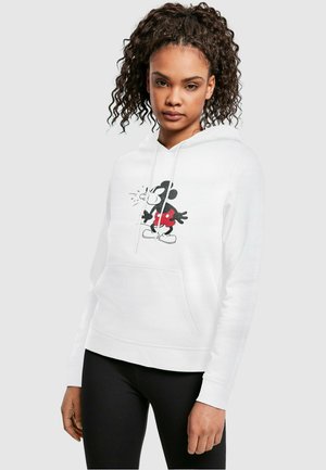 Weißer Hoodie mit einem Aufdruck von Mickey Mouse in Schwarz und Rot auf der Vorderseite. Das Material wirkt weich und verfügt über eine Kängurutasche sowie eine Kapuze mit Kordelzug.
