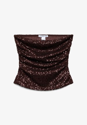 Top a tubo senza spalline di paillettes marrone scuro con parte anteriore drappeggiata e etichetta Terranova taglia piccola.