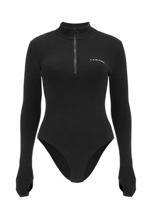 Černý žebrovaný body s dlouhými rukávy a límcem na půl zip. Obsahuje logo na prsou. Hladký povrch a přiléhavý design.