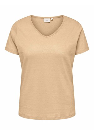 T-shirt beige con scollo a V realizzato in tessuto morbido e liscio. Maniche corte e vestibilità rilassata, senza pattern o dettagli hardware degni di nota.