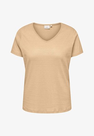 T-shirt beige con scollo a V realizzato in tessuto morbido e liscio. Maniche corte e vestibilità rilassata, senza pattern o dettagli hardware degni di nota.