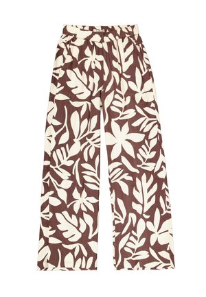 Pantaloni a gamba larga realizzati in tessuto leggero, caratterizzati da uno sfondo marrone con motivi di foglie bianche e una cintura elastica.