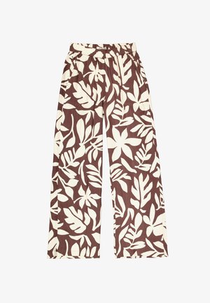 Weit geschnittene Hose aus leichtem Stoff mit braunem Hintergrund und weißen Blattmustern sowie einem elastischen Bund.