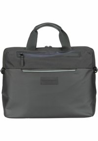 Sac à ordinateur portable noir en nylon texturé. Équipé de poignées en tissu doubles, d'une poche avant zippée et d'un logo discret. Surface lisse.