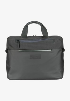 Black laptop bag made of textured nylon. Features dual fabric handles, a zippered front pocket, and a subtle logo. Smooth surface.