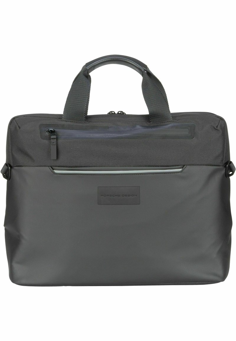 Sac à ordinateur portable noir en nylon texturé. Équipé de poignées en tissu doubles, d'une poche avant zippée et d'un logo discret. Surface lisse.