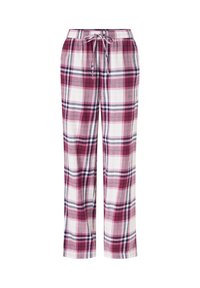 Gestreepte pyjamabroek met een trekkoord in de taille. Kleuren zijn onder andere schaduwen van bordeauxrood, wit en marineblauw. Gemaakt van zachte, lichte stof.