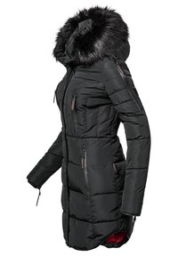 Black insulated parka jacket with a faux fur hood, vertical and diagonal stitching, zippered pockets, and a rounded hem. Lined in red.