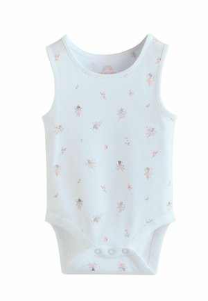 Body blanc en coton pour bébé avec des motifs de fées roses et de fleurs. Il présente un col rond et des pressions au bas.