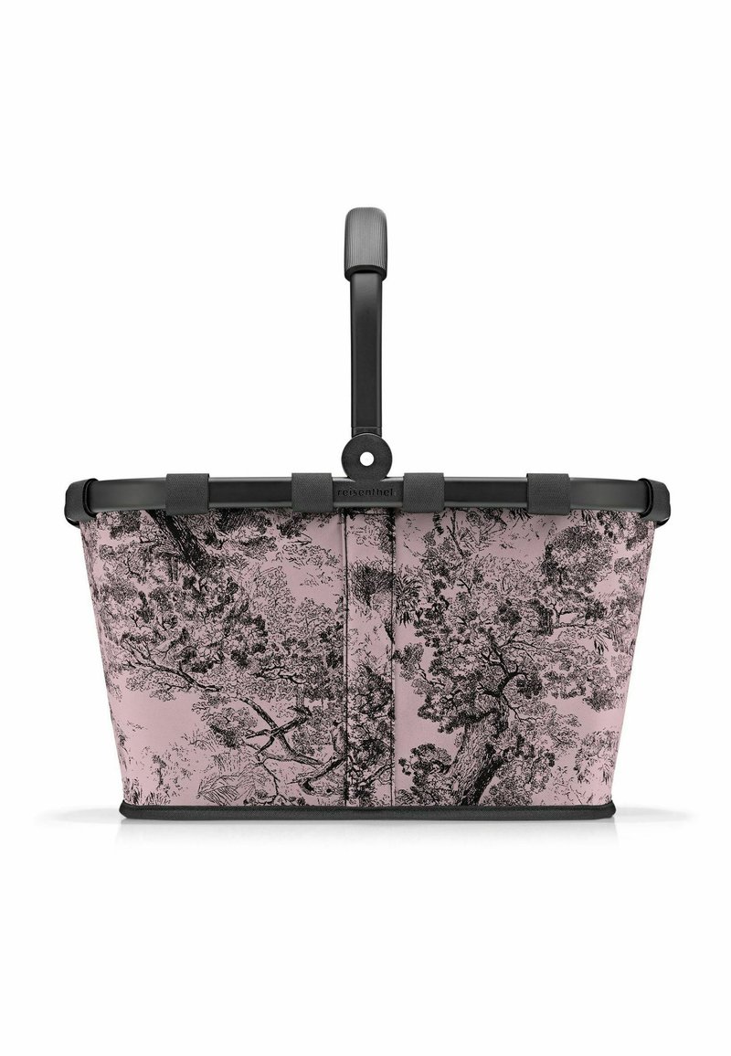 Mand met een roze stoffen buitenkant met een zwart boompatroon, stevige zwarte handgreep en een gestructureerd ontwerp met een vlakke bodem.