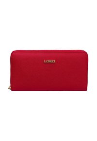 Portafoglio rosso con texture e hardware dorato. Dotato di chiusura con zip e logo in rilievo sulla parte anteriore. Design elegante e rettangolare.
