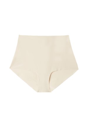 Hochgeschnittene, nahtlose Panty in hellem Beige. Glattes Material mit leichtem Glanz, bietet volle Abdeckung und einen elastischen Bund.