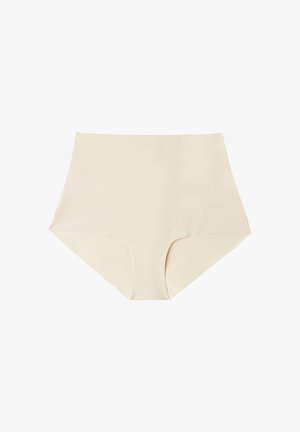 Hochgeschnittene, nahtlose Panty in hellem Beige. Glattes Material mit leichtem Glanz, bietet volle Abdeckung und einen elastischen Bund.