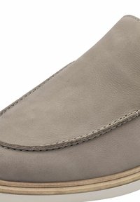 Gray leather slip-on shoe with a smooth texture, rounded toe, and contrasting stitching. Features a natural wood-colored sole.