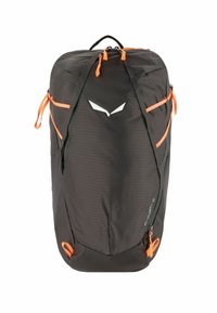 Schwarzer Rucksack aus leichtem, strukturiertem Material; mit orangefarbenen Akzenten, einem Reißverschlusshauptfach und kontrastierenden Logodetails.