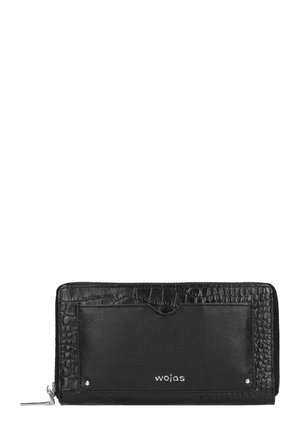 Schwarze Lederbörse mit einem strukturierten Krokodilmuster, Reißverschluss und einer Vordertasche. Silberne Beschläge mit dem "wojas"-Logo am Boden.