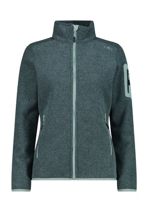 Grijze fleecejas met volledige ritssluiting, hoge kraag, twee voorzakken met rits en een ritssluitingszak op de linker bovenarm, gestructureerde stof.