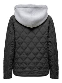 Veste matelassée noire avec motif de couture en losange et capuche gris clair vue de dos sur fond blanc.