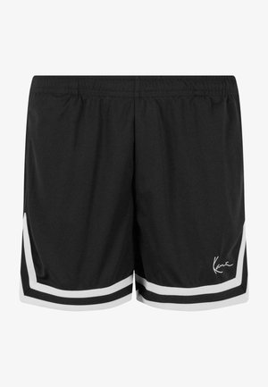 Mustat urheilushortsit, jotka on valmistettu verkkomateriaalista. Niissä on valkoiset sivuhaitarit ja pieni nimilogotulostus alakulmassa. Elastinen vyötärö.